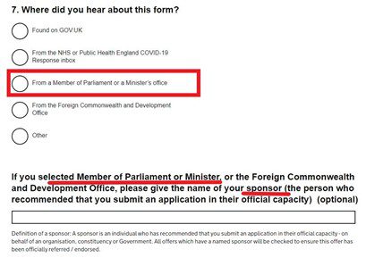 Screenshot of approval applications, showing Applicants for approval are asked whether they have a ‘sponsor’ who is a ‘Member of Parliament or Minister’ and to name them.