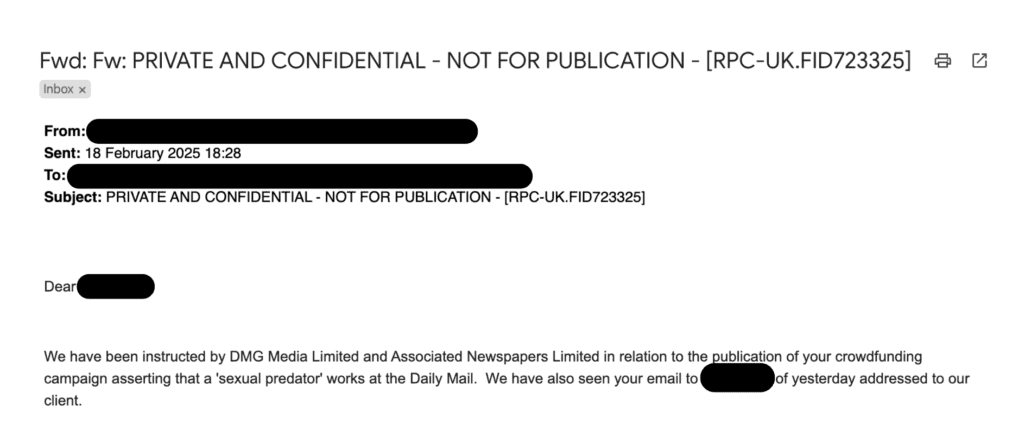An image showing threatening emails from the Daily Mail's lawyers
