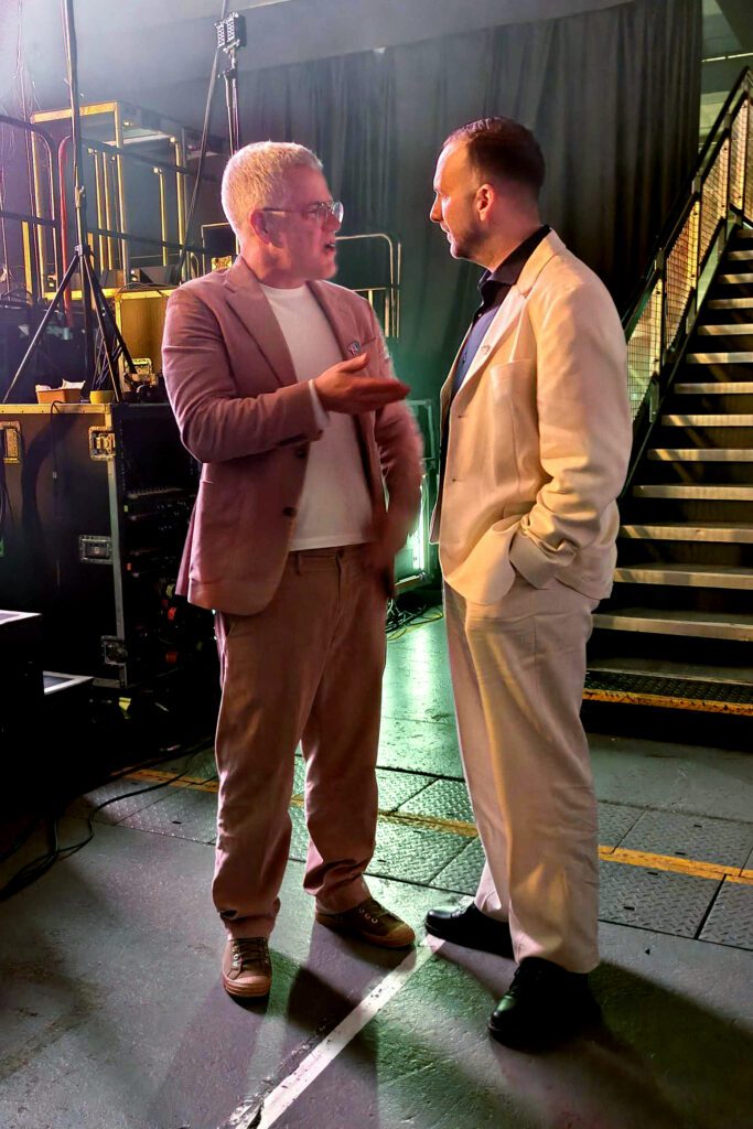 Photo of Jo Maugham speaking to Zack Polanski backstage at Trans Mission