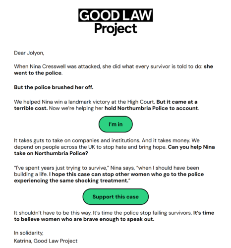 Screenshot of an email from Good Law Project with buttons reading “I’m in” and “Support this case”